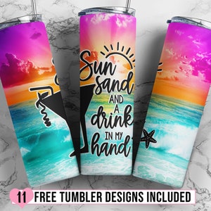 Beach Tumbler Sublimation Design, 20 oz Skinny Tumbler Wrap Sunset, Summer Sublimation Tumbler Design Seamless - PNG Instant Download