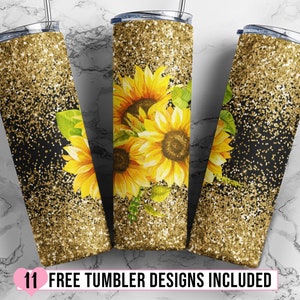 Sunflowers 20 oz Skinny Tumbler, Gold Glitter Sunflower Sublimation Tumbler Design Digital Download PNG