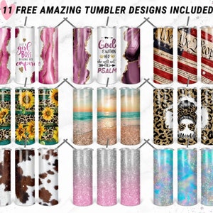 May include: Eleven different designs for tumblers. The designs include a pink and gold marble pattern, a white tumbler with the text "Just a girl boss building her empire", a beach scene, a leopard print with the text "#MomLife", a cow print, and a glitter design.