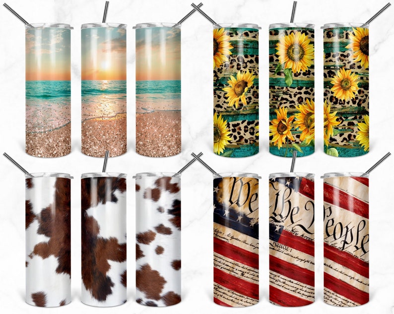 Puede incluir: Conjunto de nueve vasos de acero inoxidable con varios dise&ntilde;os. Los dise&ntilde;os incluyen una puesta de sol en la playa, girasoles con estampado de leopardo, piel de vaca y una bandera estadounidense con las palabras "We the People".