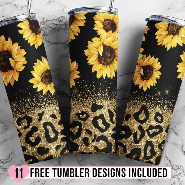 Sunflowers Tumbler Designs, Glitter Leopard 20oz Skinny Tumbler Wrap, Seamless Glitter Tumbler Template - PNG Digital Download