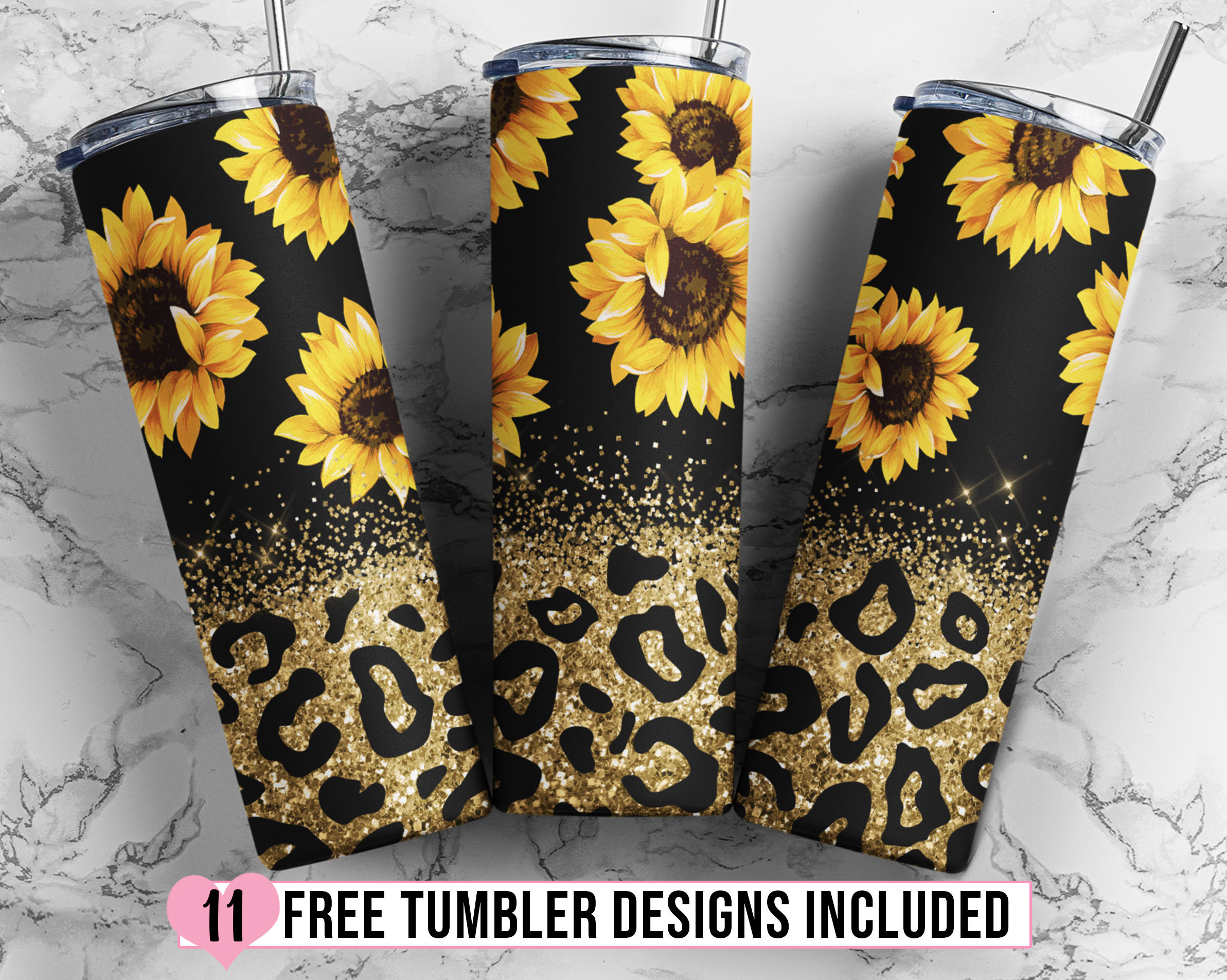 Sunflowers Tumbler Designs, Glitter Leopard 20oz Skinny Tumbler Wrap, Seamless Glitter Tumbler Template - PNG Digital Download