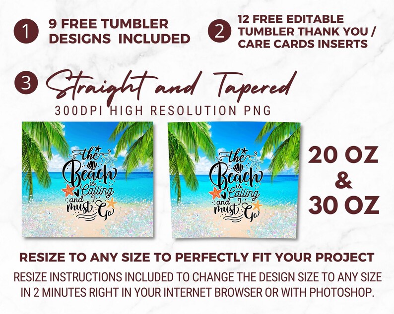 May include: Two digital designs for 20 oz and 30 oz tumblers featuring a beach scene with palm trees and the text "The Beach is Calling and I Must Go".