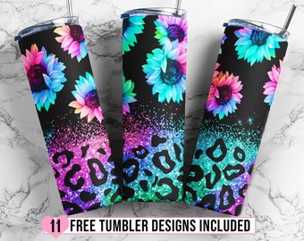 Sonnenblumen Tumbler Designs, Glitzer Leopard 20oz Skinny Tumbler Wrap, Nahtlose Glitzer Tumbler Vorlage - PNG Digitaler Download