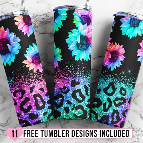 Sunflowers Tumbler Designs, Glitter Leopard 20oz Skinny Tumbler Wrap, Seamless Glitter Tumbler Template - PNG Digital Download