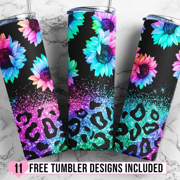May include: Three stainless steel tumblers with a black background and a design of colorful sunflowers and glitter. The bottom of each tumbler has a leopard print design with a gradient of pink, purple, blue, and green glitter.