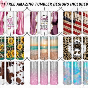 May include: Eleven different designs for tumblers. The designs include a pink and gold marble pattern, a cheetah print, a sunflower pattern, a beach scene, a cow print, a glitter design, and a patriotic design with the words "We the People".