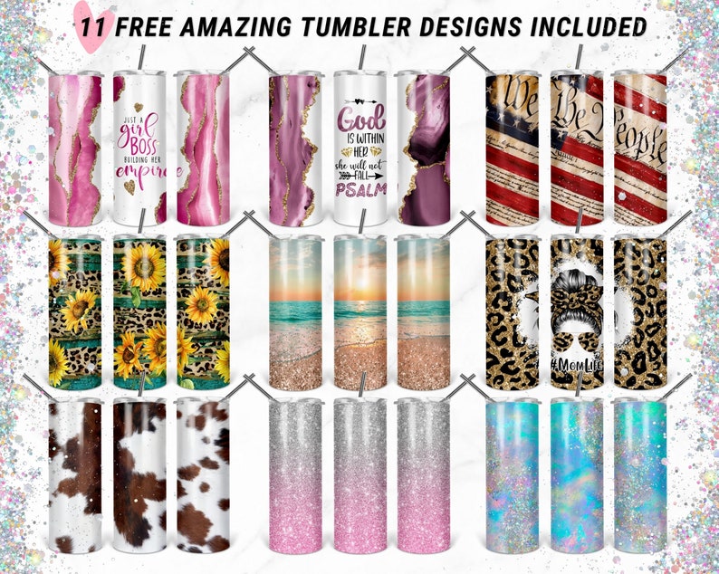 May include: Eleven different designs for tumblers. The designs include a pink and gold marble pattern, a cheetah print, a sunflower pattern, a beach scene, a cow print, a glitter design, and a patriotic design with the words "We the People".