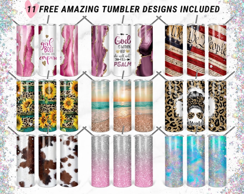 May include: Eleven different designs for tumblers. The designs include a pink and gold marble pattern, a cheetah print, a sunflower pattern, a beach scene, a cow print, a glitter design, and a patriotic design with the words "We the People".
