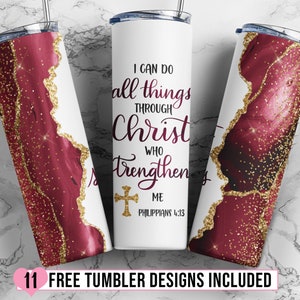 Pode incluir: Um conjunto de três copos de aço inoxidável com um design de glitter marrom e dourado. Os copos apresentam a citação "Posso todas as coisas em Cristo que me fortalece" com a referência bíblica "Filipenses 4:13".
