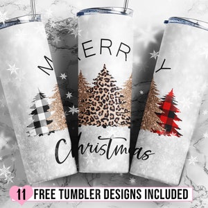 Christmas 20oz Skinny Tumbler Design, Trees Leopard Glitter Tumbler PNG, Falling Snow Sublimation - PNG Download