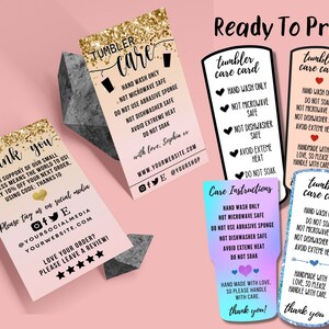 May include: A set of printable tumbler care cards with different designs. The cards feature a pink, gold, blue, and purple background with black text. The text on the cards includes "tumbler care card", "hand wash only", "not microwave safe", "not dishwasher safe", "avoid extreme heat", "do not soak", and "handmade with love, so please handle with care".