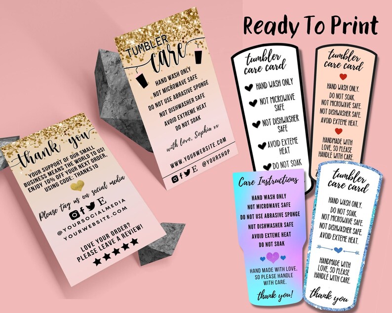 May include: A set of printable tumbler care cards with different designs. The cards feature a pink, gold, blue, and purple background with black text. The text on the cards includes "tumbler care card", "hand wash only", "not microwave safe", "not dishwasher safe", "avoid extreme heat", "do not soak", and "handmade with love, so please handle with care".