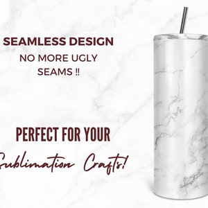 May include: White marble sublimation tumbler with a stainless steel lid and straw. The tumbler has a seamless design, ideal for crafting.