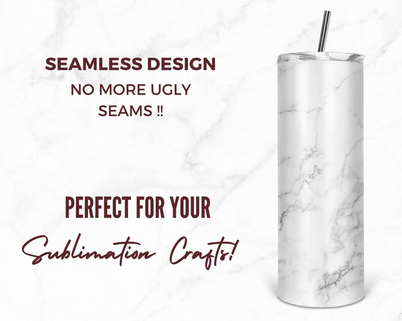 May include: White marble sublimation tumbler with a stainless steel lid and straw. The tumbler has a seamless design, ideal for crafting.