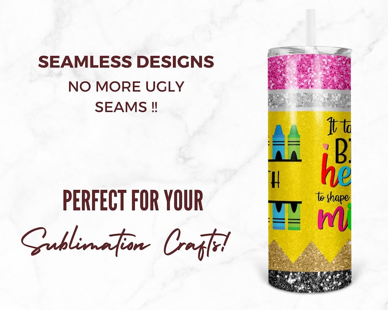 May include: A yellow and black tumbler with a glitter finish. The tumbler has a design of crayons and the text "It takes a big heart to shape little minds".
