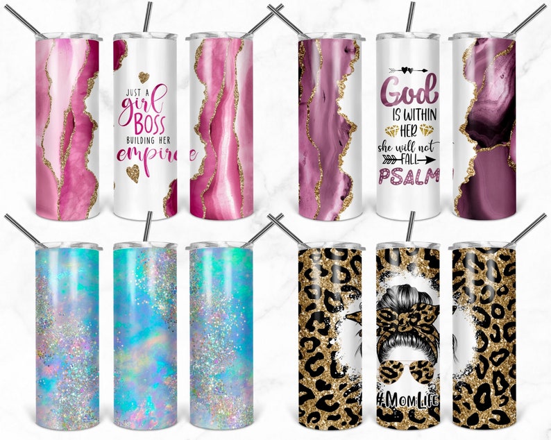 May include: Set of nine 20 ounce stainless steel tumblers with various designs. Designs include pink and gold agate, blue and gold glitter, leopard print, and a woman with a bun and sunglasses. The tumblers are ideal for everyday use.
