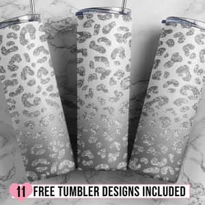 Silver Leopard Tumbler PNG, 20 oz Skinny Tumbler, Silver to White Ombre Glitter Tumbler Wrap, Glitter Leopard Sublimation Design - PNG