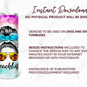May include: A digital design for a 20 oz or 30 oz tumbler featuring a woman with a bun, sunglasses, and a bow. The design includes the text "BeachLif" and a beach scene with palm trees and waves. The design is available for instant download and includes resize instructions.