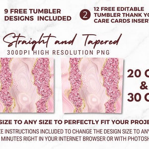 May include: Two digital designs for 20 oz and 30 oz tumblers. The designs feature a pink and gold marble pattern with glitter accents. The designs are 300 DPI high resolution PNG files.  The listing includes 9 free tumbler designs and 12 free editable thank you/care cards.