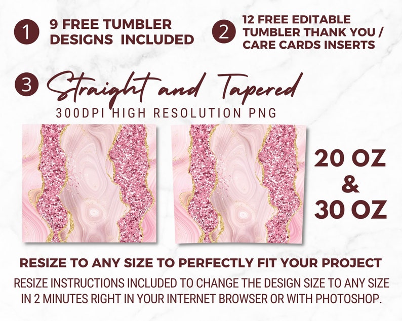 May include: Two digital designs for 20 oz and 30 oz tumblers. The designs feature a pink and gold marble pattern with glitter accents. The designs are 300 DPI high resolution PNG files.  The listing includes 9 free tumbler designs and 12 free editable thank you/care cards.