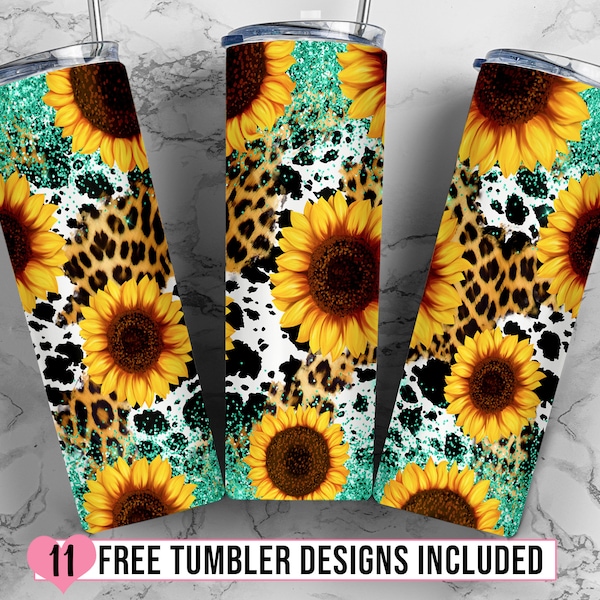 Sunflower Cowhide Leopard 20oz Skinny Tumbler, Western Sunflowers Tumbler Template, Turquoise Glitter Tumbler Design - PNG Download