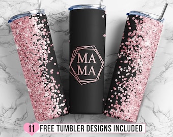Mama 20 oz Skinny Tumbler, Mama Tumbler PNG, Mom Tumbler Wrap, Seamless Pink Glitter Tumbler Design, Mum Tumbler - PNG Download