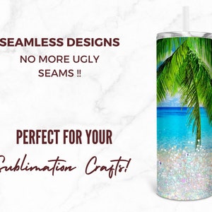 May include: Seamless sublimation design featuring a tropical beach scene with a palm tree, blue water, and white sand. The design is perfect for creating custom tumblers, mugs, and other crafts.