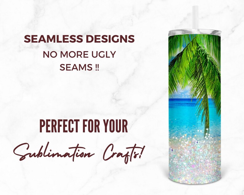 May include: Seamless sublimation design featuring a tropical beach scene with a palm tree, blue water, and white sand. The design is perfect for creating custom tumblers, mugs, and other crafts.