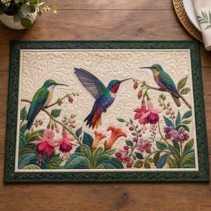 May include: A rectangular quilted placemat featuring three hummingbirds in flight and perched among vibrant fuchsia and orange flowers. The cream-coloured background has intricate swirling stitch patterns, all framed by a dark green border.