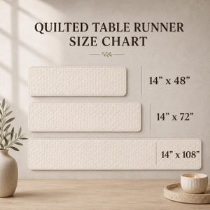 May include: A Quilted Table Runner Size Chart displaying three off-white rectangular runners with textured surfaces. The chart lists dimensions of 14 inches by 48 inches, 14 inches by 72 inches, and 14 inches by 108 inches for each respective runner size.