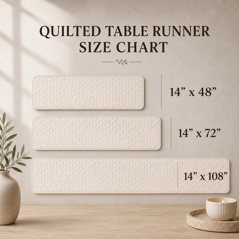 May include: A Quilted Table Runner Size Chart displaying three off-white rectangular runners with textured surfaces. The chart lists dimensions of 14 inches by 48 inches, 14 inches by 72 inches, and 14 inches by 108 inches for each respective runner size.