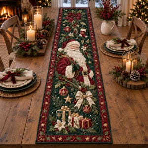 May include: A rectangular Christmas table runner featuring a central illustration of Santa Claus surrounded by holly, pine branches, red ornaments, a large cream-coloured bow, and three wrapped gift boxes on a dark green background with red borders.