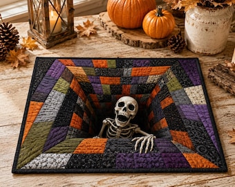 Quilted Halloween Skeleton Placemat, Spooky Patchwork Table Mat Gothic Dining Decor