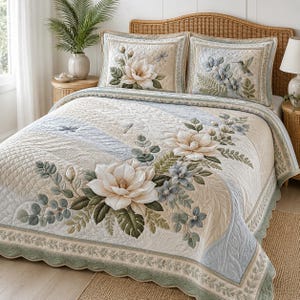 May include: A quilted bedspread and two matching pillow shams featuring a cream-colored base with large white magnolia flowers, blue blossoms, green fern leaves, and dragonfly motifs. The bedding has a scalloped edge and intricate stitching.