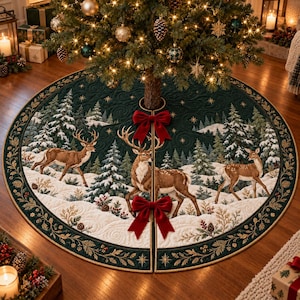 May include: A circular dark green Christmas tree skirt featuring a quilted winter forest scene with three brown deer, snow-covered ground, and pine trees. The skirt is accented with two large red velvet bows and a gold leaf border.