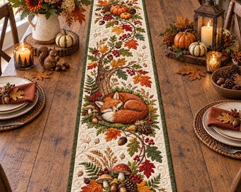 Sleeping Fox Quilted Table Runner, Woodland Autumn Dining Decor