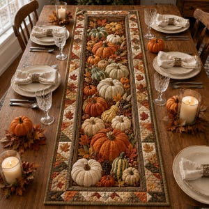 May include: A rectangular quilted table runner featuring a border of autumn leaves in shades of orange, brown, and green. The centre is filled with an arrangement of various pumpkins, gourds, pinecones, and dried foliage in seasonal colours.