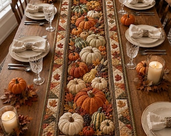 May include: A rectangular quilted table runner featuring a border of autumn leaves in shades of orange, brown, and green. The center is filled with an arrangement of various pumpkins, gourds, pinecones, and dried foliage in seasonal colors.