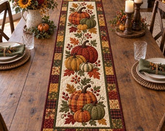 Fall Plaid Pumpkin Quilted Table Runner, Autumn Dining Table Decor