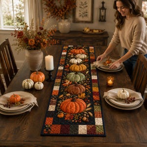 May include: A rectangular fabric table runner featuring a central panel with a vertical row of appliqued pumpkins in various colours and sizes, surrounded by a border of small, multi-coloured fabric squares in autumn tones of orange, brown, and green.