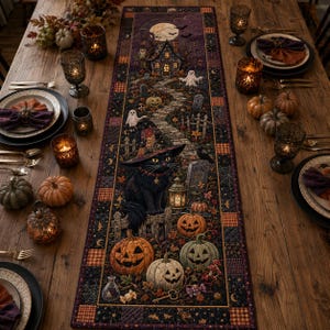 May include: A rectangular table runner featuring a detailed Halloween scene with a black cat wearing a witch hat, carved pumpkins, a haunted house, ghosts, and tombstones. The design includes a dark purple and black colour palette with orange accents.