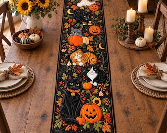 Halloween Cats Pumpkin Quilted Table Runner, Spooky Pets Dining Decor
