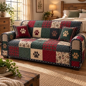 May include: A quilted sofa cover featuring a patchwork design of red, green, and cream squares with paw print motifs, plaid patterns, and holly leaf prints. The cover includes two matching square throw pillows with central paw print designs.