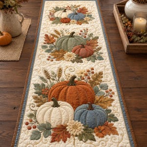 May include: A rectangular quilted table runner featuring a repeating pattern of embroidered pumpkins in shades of orange, sage green, white, and blue, accented with autumn leaves, wheat stalks, and small flowers on a cream-colored fabric background.