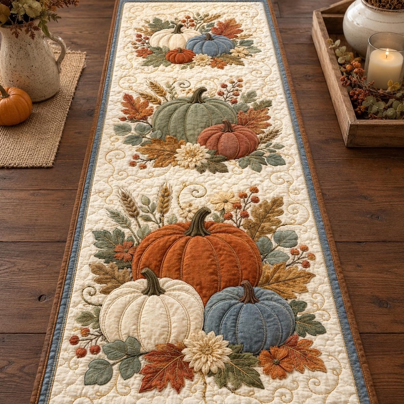 May include: A rectangular quilted table runner featuring a repeating pattern of embroidered pumpkins in shades of orange, sage green, white, and blue, accented with autumn leaves, wheat stalks, and small flowers on a cream-colored fabric background.
