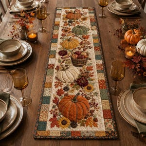 Puede incluir: Un camino de mesa acolchado rectangular con un diseño central de varias calabazas, una cesta de manzanas, girasoles y hojas de otoño en tonos naranja, amarillo, verde y marrón, bordeado por un patrón de patchwork de pequeños cuadrados.