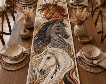 Quilted Horse Table Runner, Western Farmhouse Table Decor