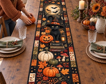 Black Cat Witch Quilted Table Runner, Halloween Pumpkin Dining Decor