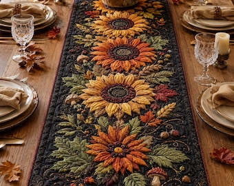 Sunflower Quilted-Style Table Runner, Autumn Harvest Farmhouse Decor